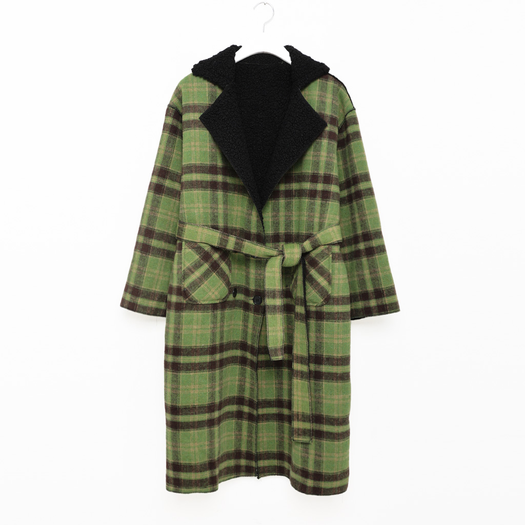 リバーシブルグリーンチェック柄ロングコート | ファッション通販
