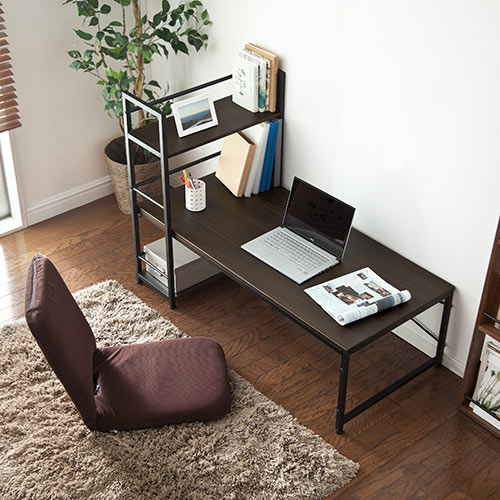 ダークブラウン】H型PCデスク ロータイプ一体型ラック付き