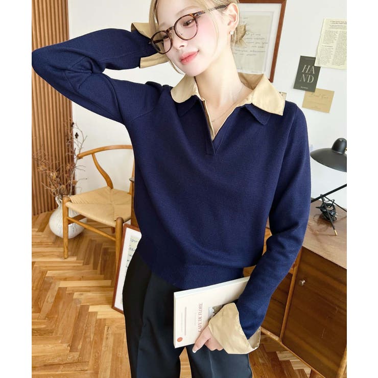 シャツレイヤードライク襟付きポロニットプルオーバー[品番