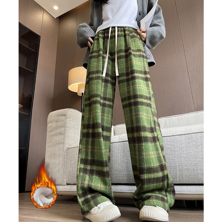 チェック柄パンツハイウエストワイドパンツ[品番：II000012187