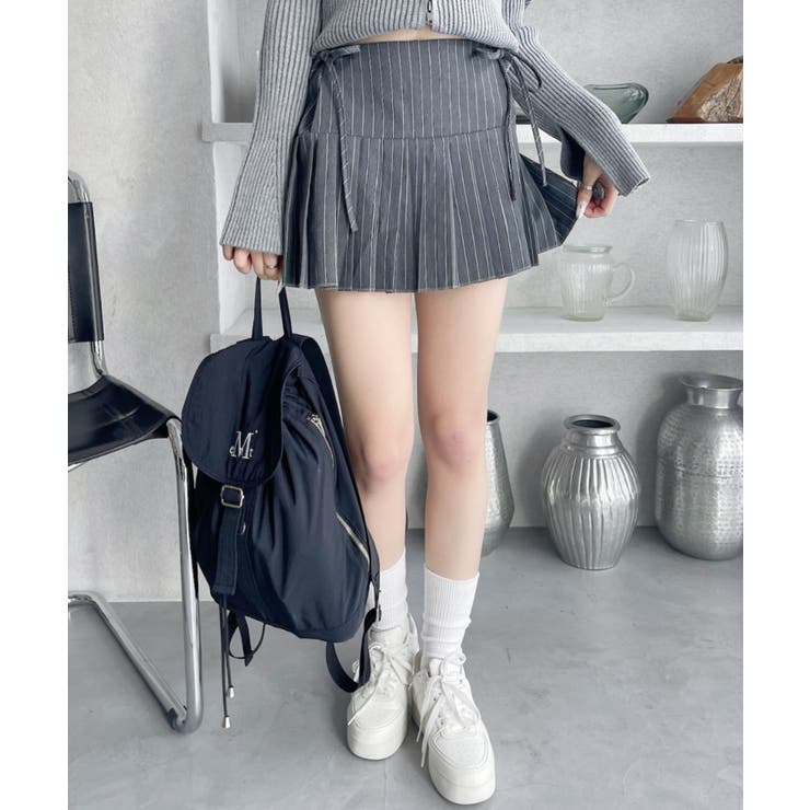 ウエストサイドリボン プリーツ ミニスカート チェック/ピンストライプ