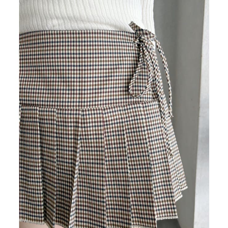 ウエストサイドリボン プリーツ ミニスカート チェック/ピンストライプ