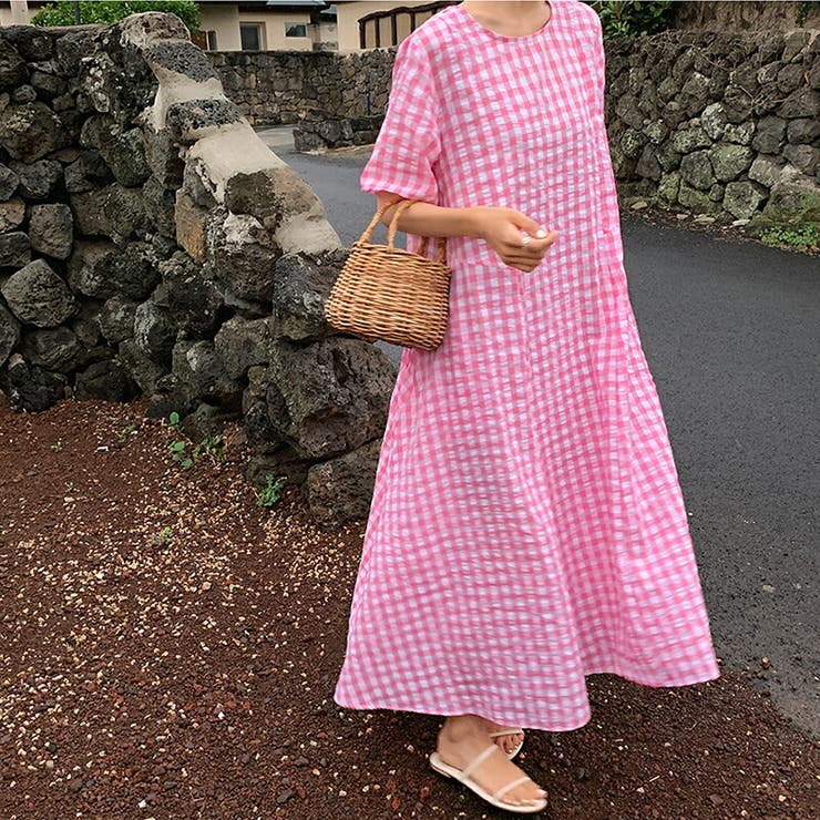 レディース ワンピース ギンガムチェック半袖ワンピース[品番