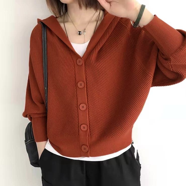 フード付きニットカーディガン ニットパーカー カーディガン[品番