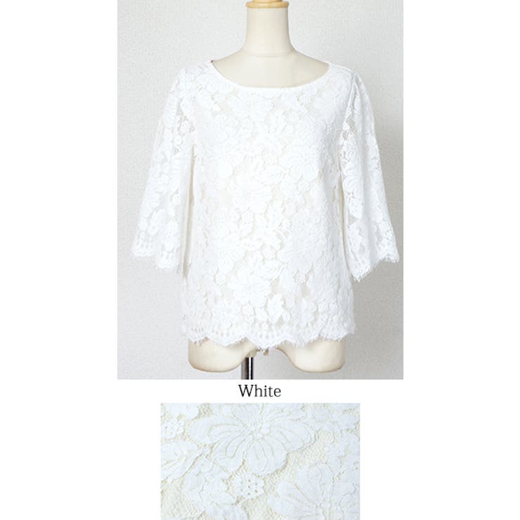 花柄総レース七分袖トップス 田中亜希子さん着用(ブラウス スカラップ