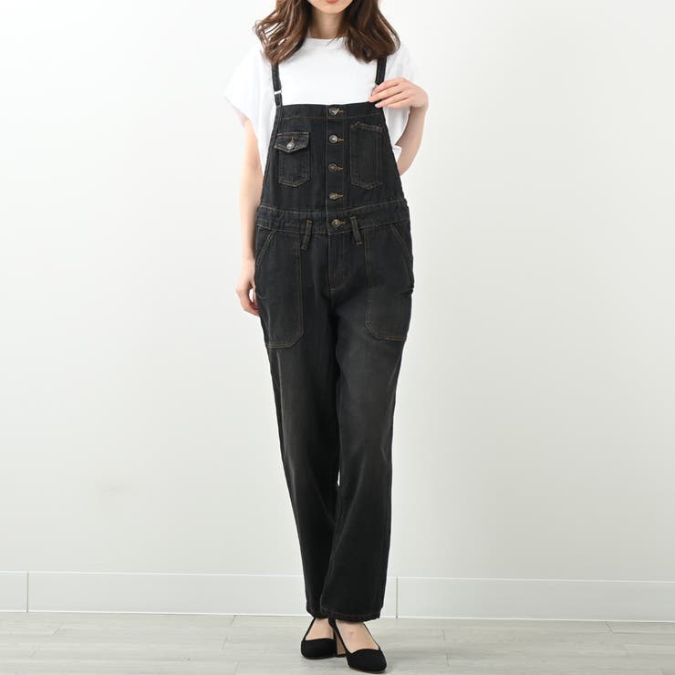 ゆるサロペットデニムパンツ ゆったりシルエット 大人可愛い[品番