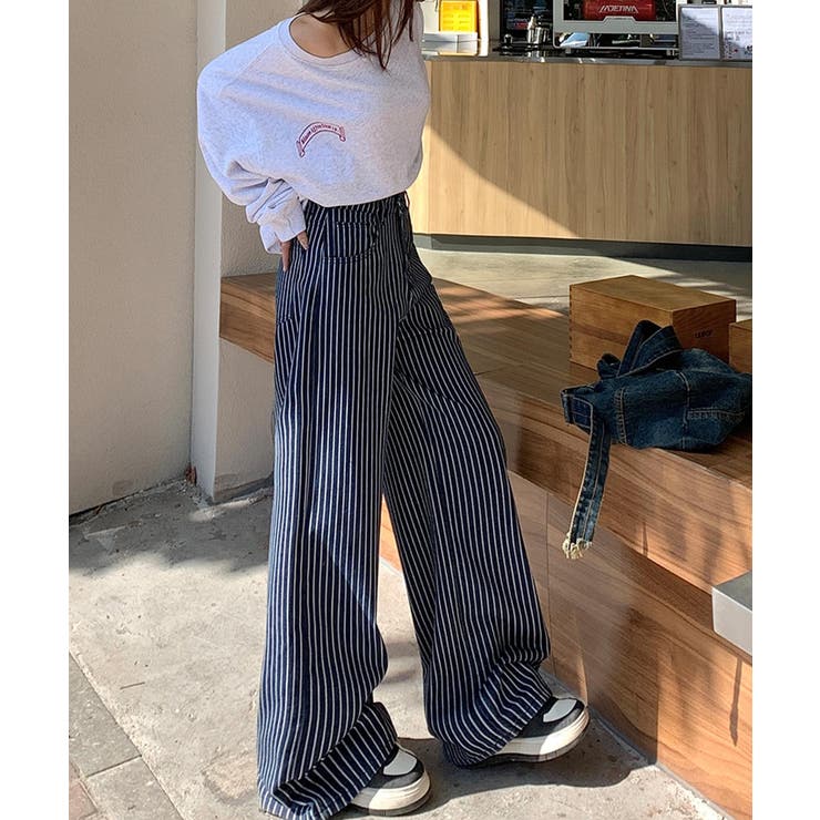 ストライプワイドデニムパンツ[品番：XT000012105]｜aimoha （アイモハ