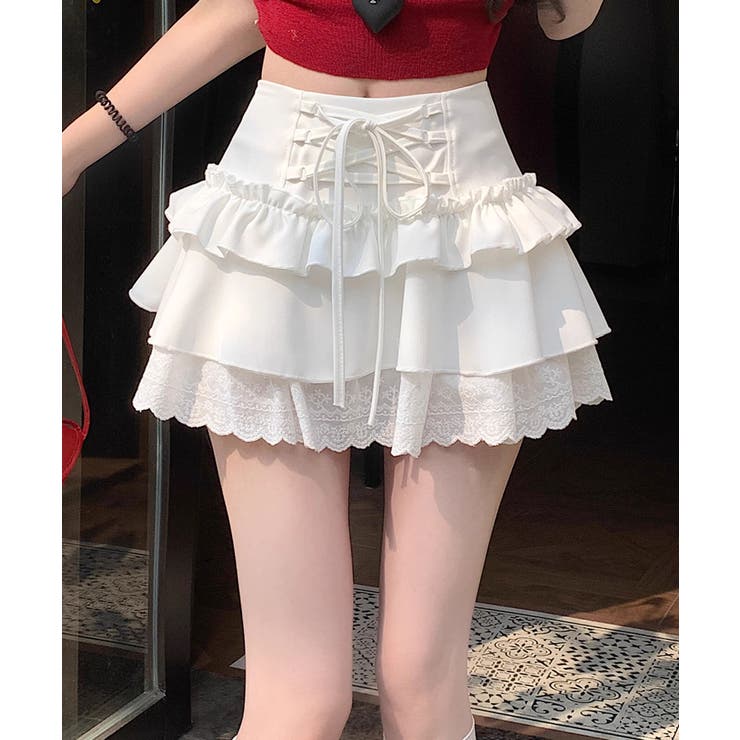 HOOK】for girls レース切替フリルティアードミニスカート[品番