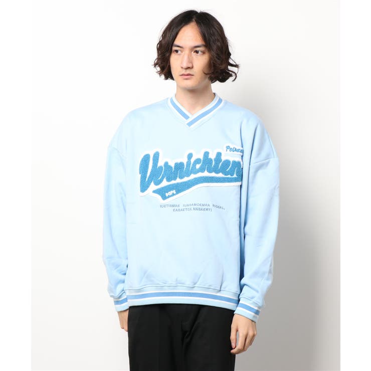 HOOK】サガラロゴ刺繍スタジャン風ボーダーリブVネックスウェット