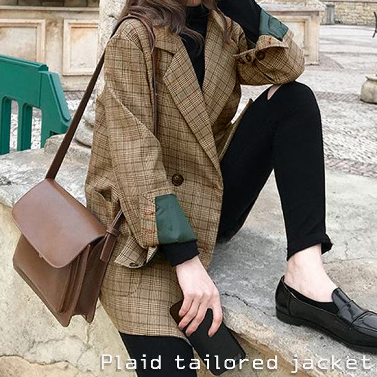 チェック柄テーラードジャケット 韓国ファッション[品番：AMTW0001498