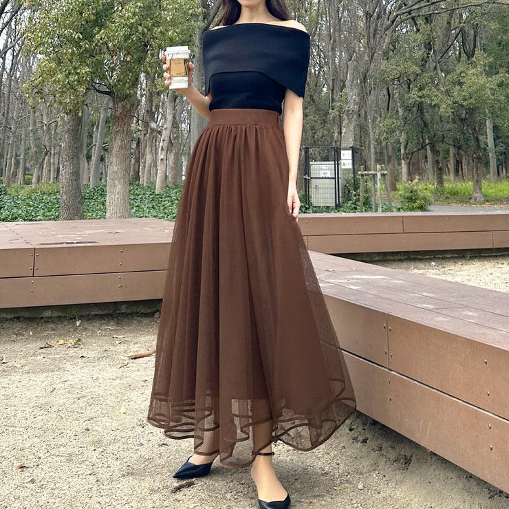 Louere 裾パイピングチュールフレアスカート【ペチスカートセット