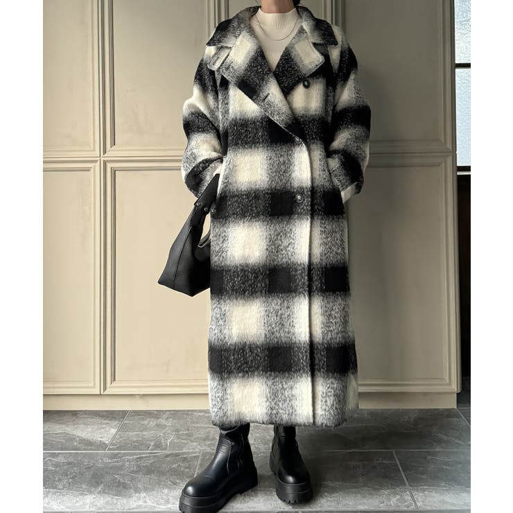 2wayオーバーサイズシャギーチェックロングコート[品番：AMTW0011685