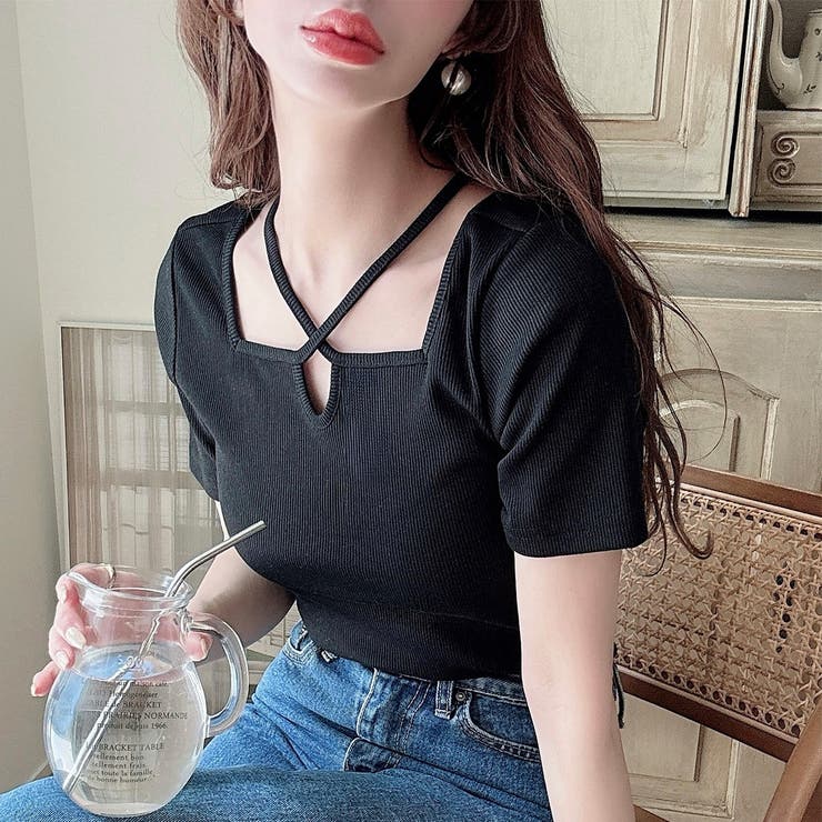 Meiru クロスネックリブトップス[品番：AMTW0010584]｜JUNOAH