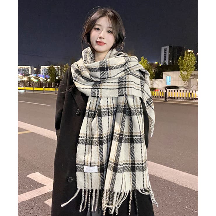 チェック柄ストール 大判フリンジマフラー[品番：AGCW0005953