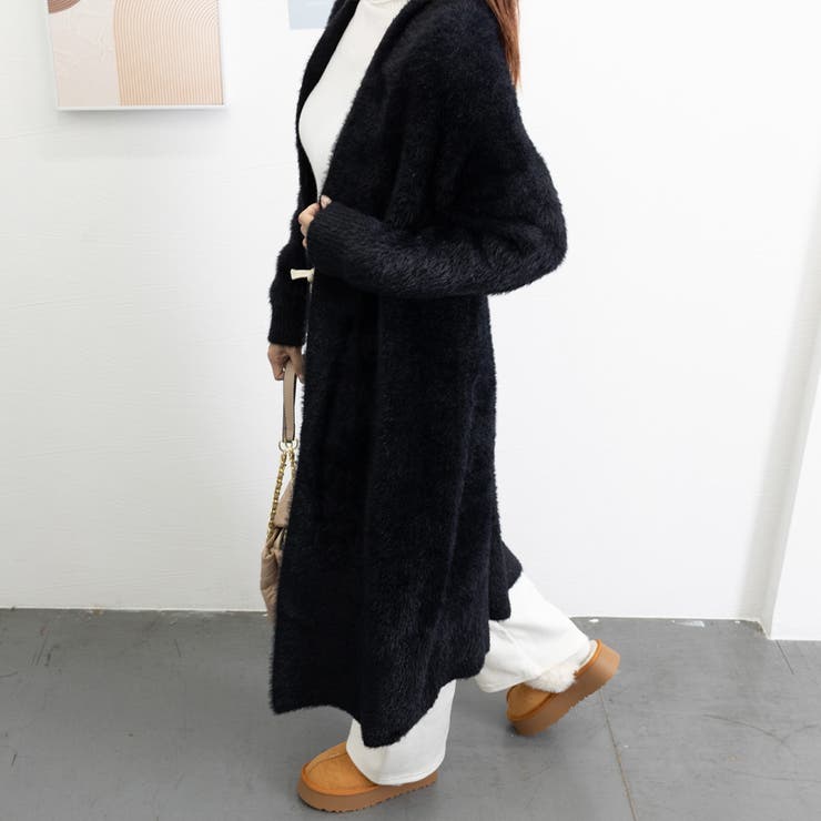 シャギーロングニットカーディガン 韓国風[品番：AGCW0005403