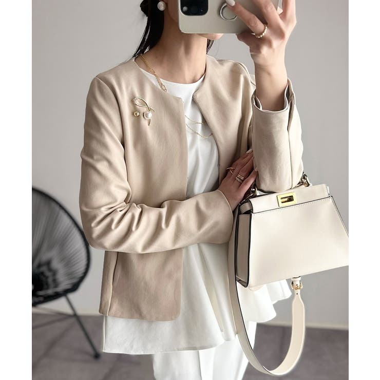 ポンチ素材 ノーカラー ジャケット[品番：AZ000003674]｜andme