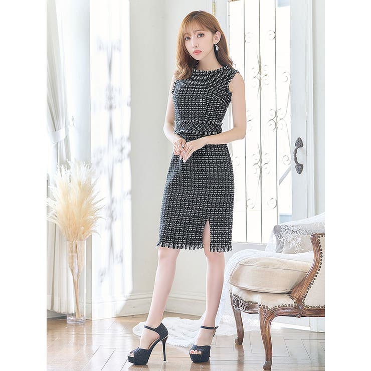 新色追加！ノースリーブツイードドレス スリット 胸元隠し[品番