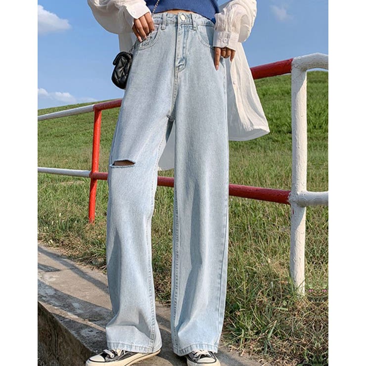 SHOPLIST限定】ダメージ加工デニムパンツ 5サイズ セミワイドデニム