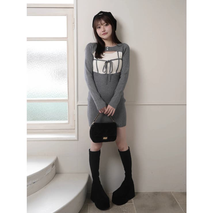 デコルテオープンバイカラーリボンニットワンピース[品番：LINW0002729