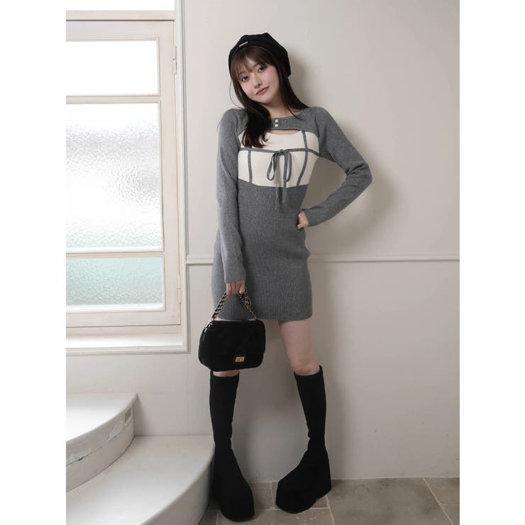 デコルテオープンバイカラーリボンニットワンピース[品番：LINW0002729