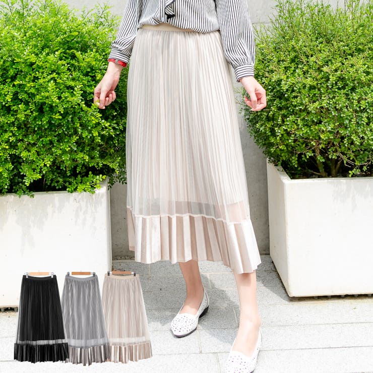 ベロア裾チュールプリーツスカート レーディス ロング[品番