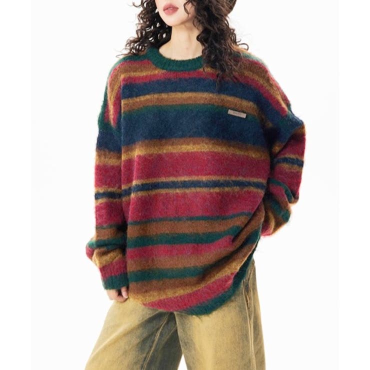 配色ストライブ柄ニットプルオーバー 韓国ファッション 韓国[品番