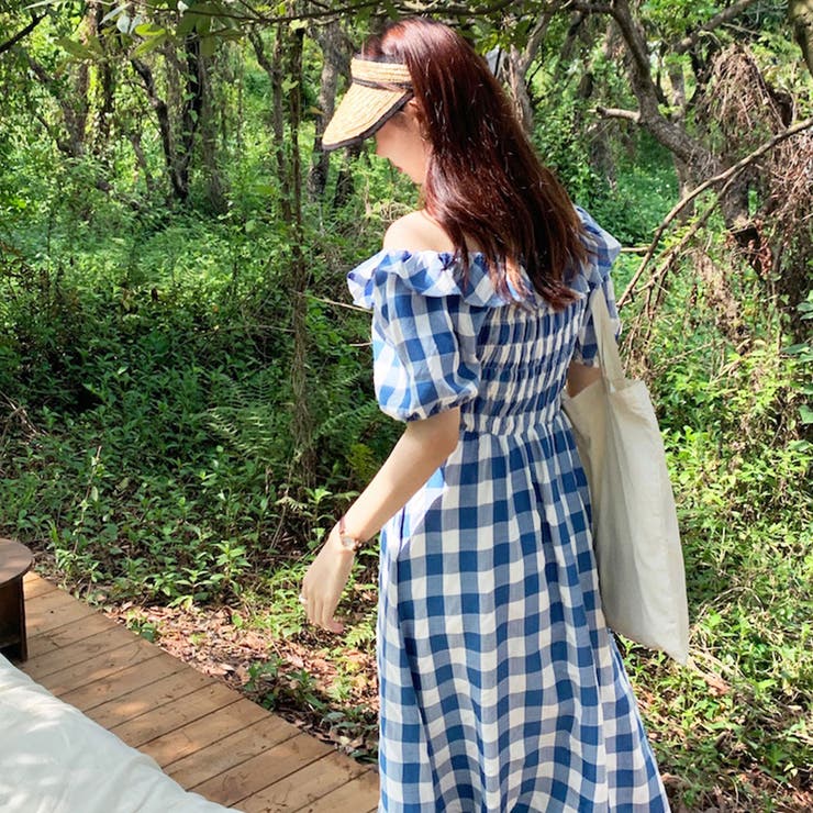 yilon イロン オフショルダーチェックミニOP ブラウン イロン ワン