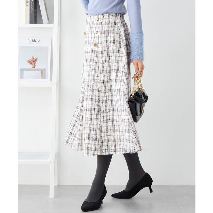 マディソンブルー ツイード フレアスカート 白黒チェック 同素材バッグ