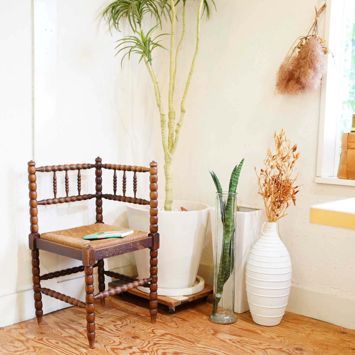 英国アンティーク コーナーチェア ボビンフレーム ラッシ張り 糸巻