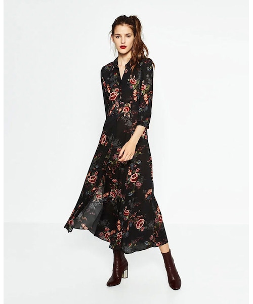 ZARA（ザラ）の「花柄シャツロングワンピース 長袖 黒（ワンピース