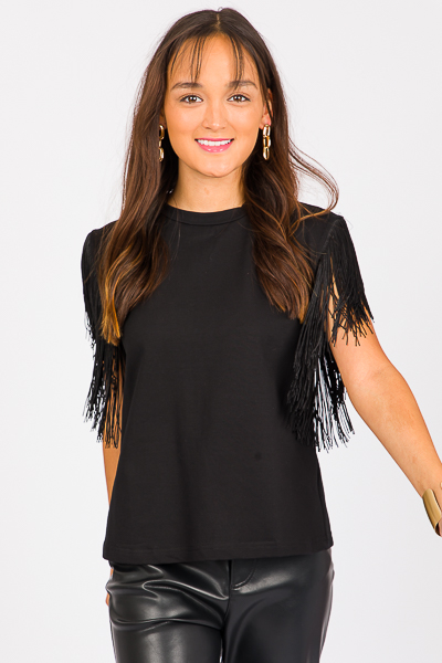 Fringe Sleeve Knit Top, Black - Tops - The Blue Door Boutique