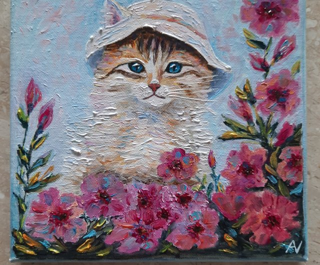 絵画 。手描き【かわいい猫たちが花、ワイン、果物のテーブルを囲んで
