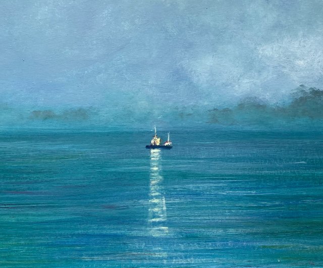 ロシア 船の絵画オリジナル、キャンバスに油彩、夜の絵画、船の壁の