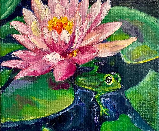送料無料】ロシア 布面油畫 睡蓮 ピンクの花 小青蛙 キャンバスアート
