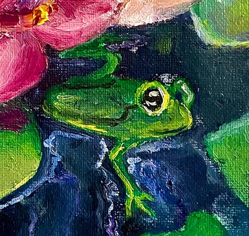 送料無料】ロシア 布面油畫 睡蓮 ピンクの花 小青蛙 キャンバスアート