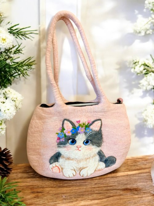 台湾 手作りニードルフェルト 羊毛フェルトショルダーバッグ 猫ちゃん