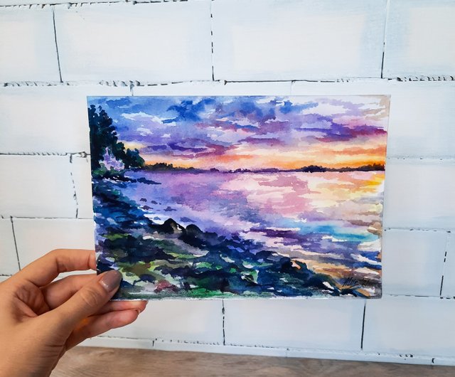 送料無料】ロシア 湖の絵 オリジナル水彩画 ビーチの絵 夕焼け空アート