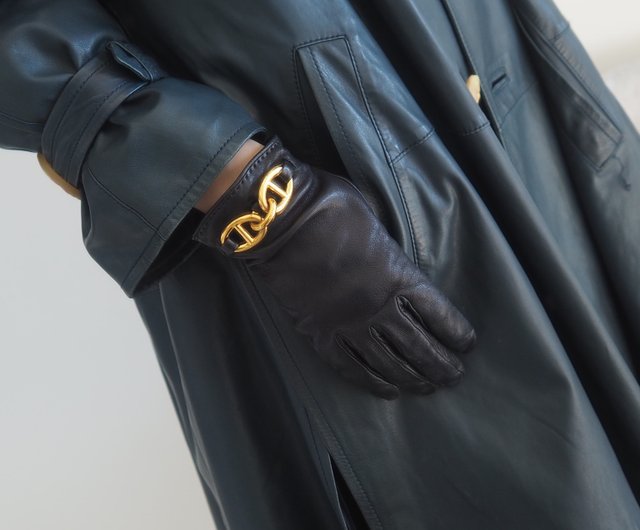 HERMES エルメス シェーヌダンクル レザー グローブ ブラック ゴールド