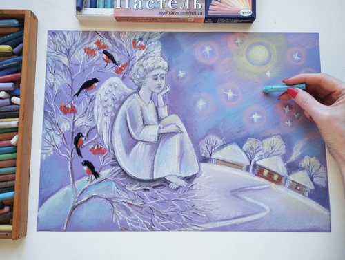 天使のクリスマス 絵画アート原画 パステル画 天使のクリスマス 絵画