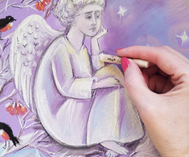 ロシア 天使の冬の絵 新年のパステル画 クリスマスの絵画 鳥 冬の