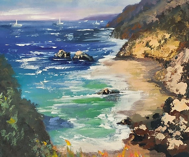 送料無料】ブルガリア パネルに描かれた海の油絵 ビーチの絵 岩の多い