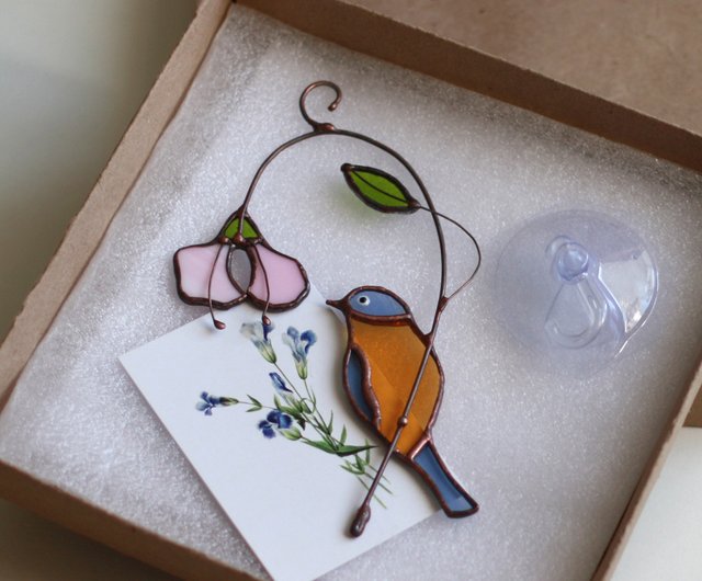 送料無料】ロシア ピンクの花のステンド グラス鳥ナイチンゲール