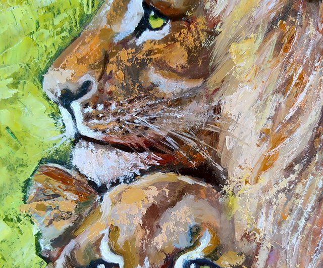 送料無料】ロシア ライオンズ絵画オリジナルアート ライオンと雌