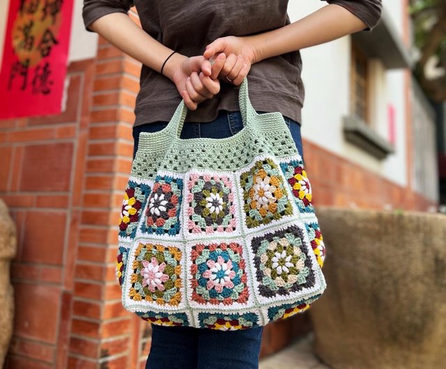 台湾 花格日和・レトロ花タイルパッチワークかぎ針編みトートバッグ