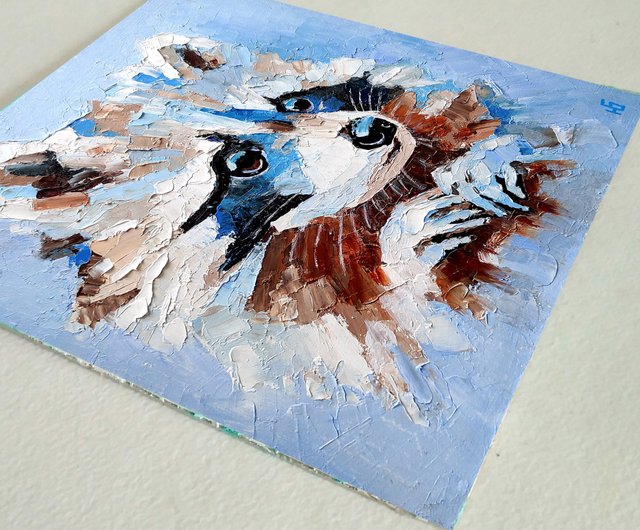 ロシア アライグマのオリジナル絵画、動物の壁アート、森の絵、野生