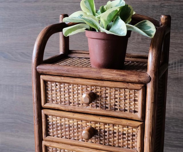 美品☆ヴィンテージ キャスター付 ラタン チェスト 3段 棚 昭和レトロ