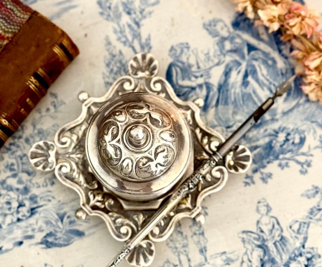 台湾 40037-美しきフランスアンティーク シルバープレート製インク壺