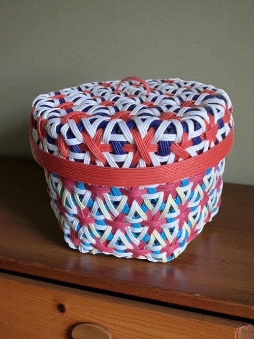 クラフトバンド製、六角編みの蓋付き小物入れ 母と娘のハンドメイド