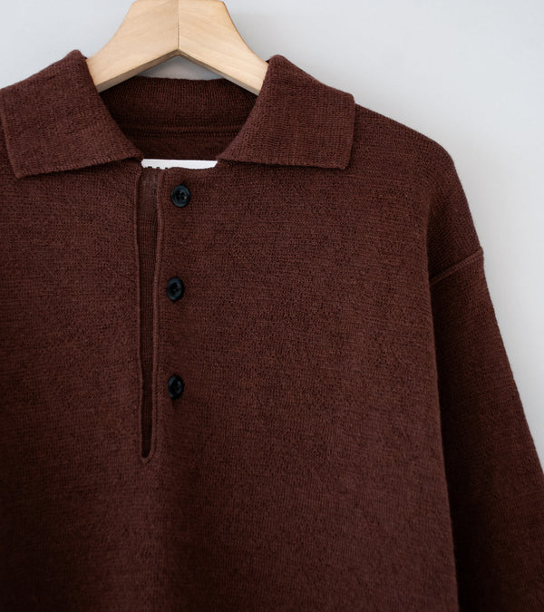 Margaret Howell 'MHL Oversized Knitted Polo' (Dark Brown Dry Wool