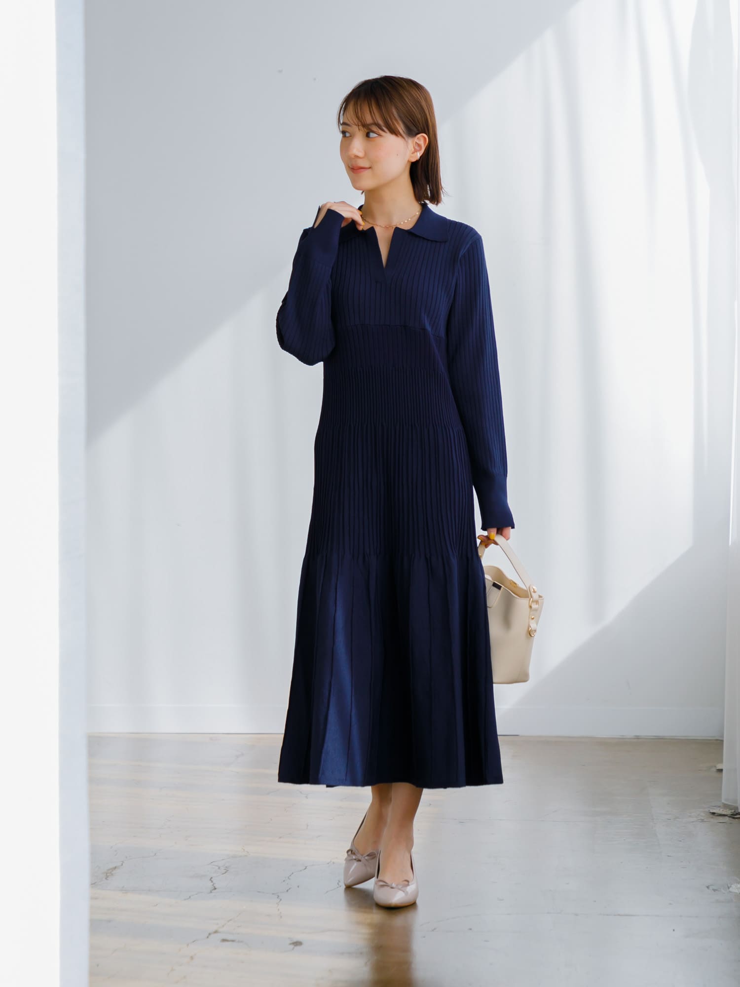 スキッパーカラーニットワンピース-short & regular | 小柄・低身長